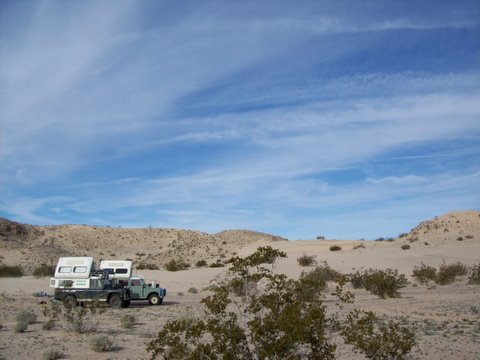 2 Dormobiles camped at the sand dunes